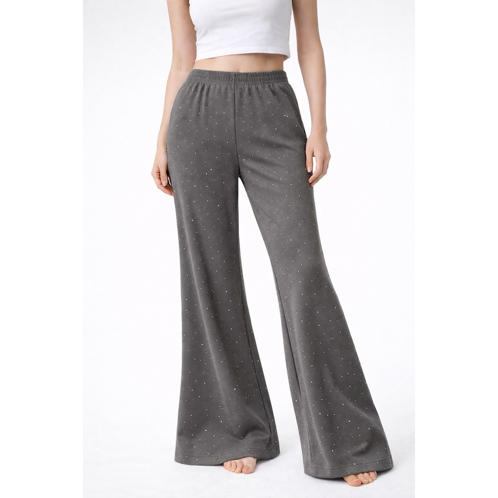 NWT New Mix Gray Rhinestone Ribbed Knit Wide Leg Pants Pull On Rocker Sz Small